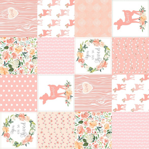 Woodland Baby Deer Quilt – You Are So Loved – Peach Patchwork Floral Wholecloth (rotated)