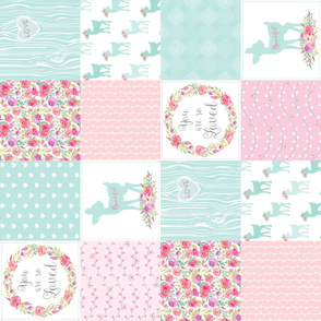 Fawn Baby Quilt – You Are So Loved – Mint Pink Lilac Patchwork Floral Wholecloth (rotated)