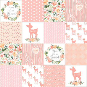 Woodland Baby Deer Quilt – You Are So Loved – Peach Patchwork Floral Wholecloth