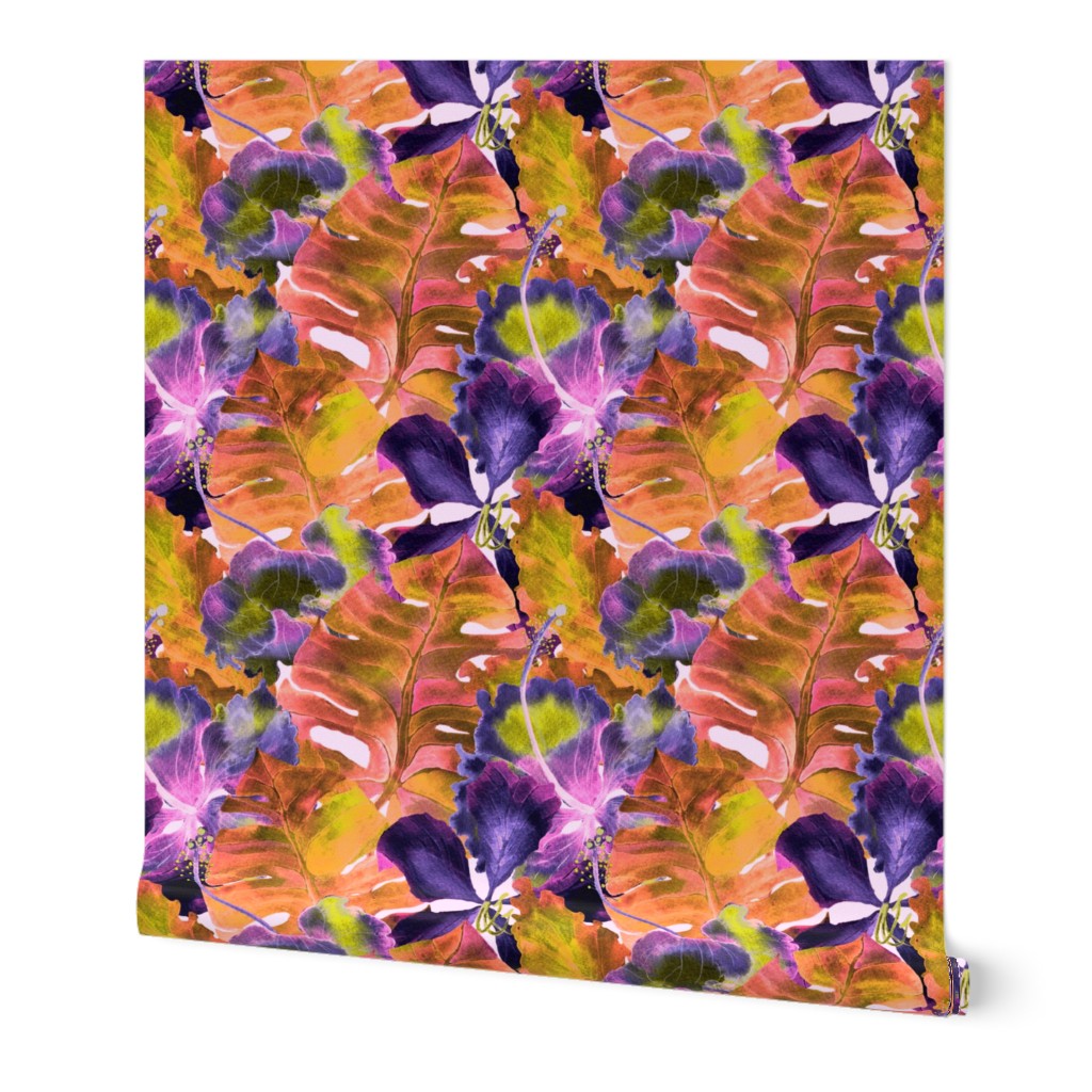 Monstera and hibiscus pattern in purple yellow