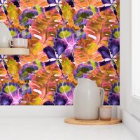 Monstera and hibiscus pattern in purple yellow