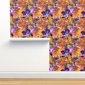 Monstera and hibiscus pattern in purple yellow