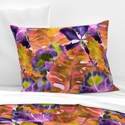 Monstera and hibiscus pattern in purple yellow