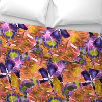 Monstera and hibiscus pattern in purple yellow