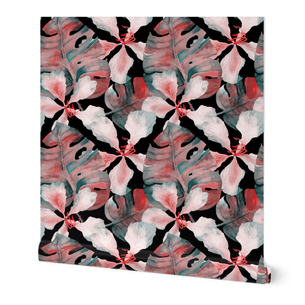 Monstera hibiscus pattern in black red green