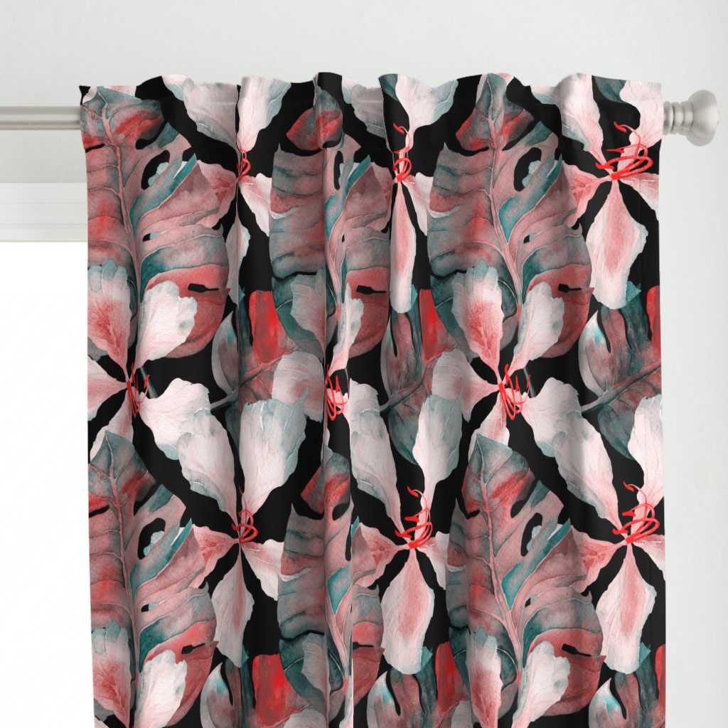 Monstera hibiscus pattern in black red green