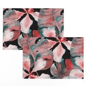 Monstera hibiscus pattern in black red green