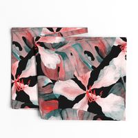 Monstera hibiscus pattern in black red green