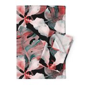 Monstera hibiscus pattern in black red green