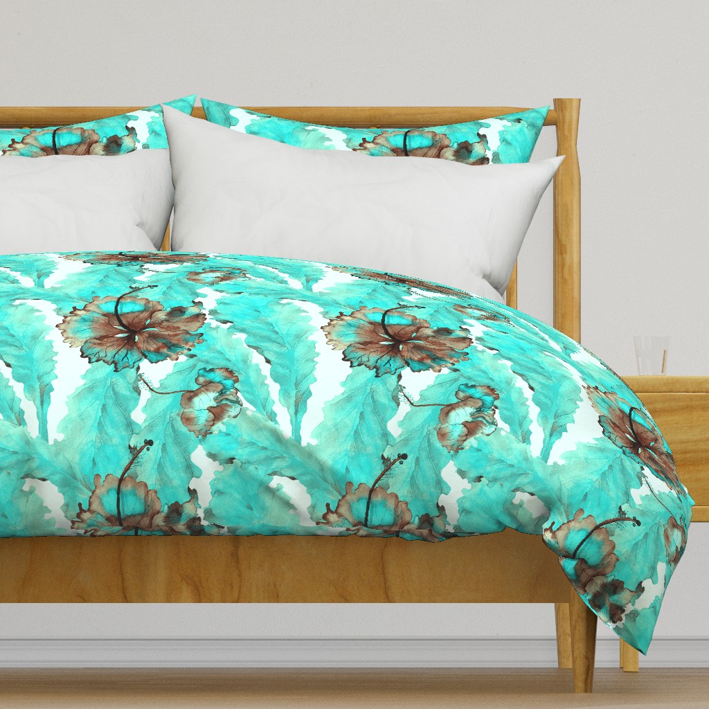 Monstera leaves and hibiscus in turquoise