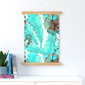 Monstera leaves and hibiscus in turquoise