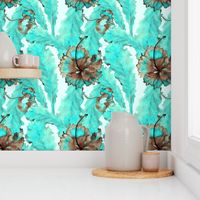 Monstera leaves and hibiscus in turquoise