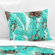 Monstera leaves and hibiscus in turquoise