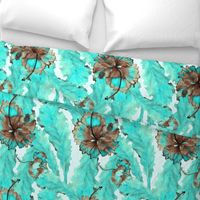 Monstera leaves and hibiscus in turquoise