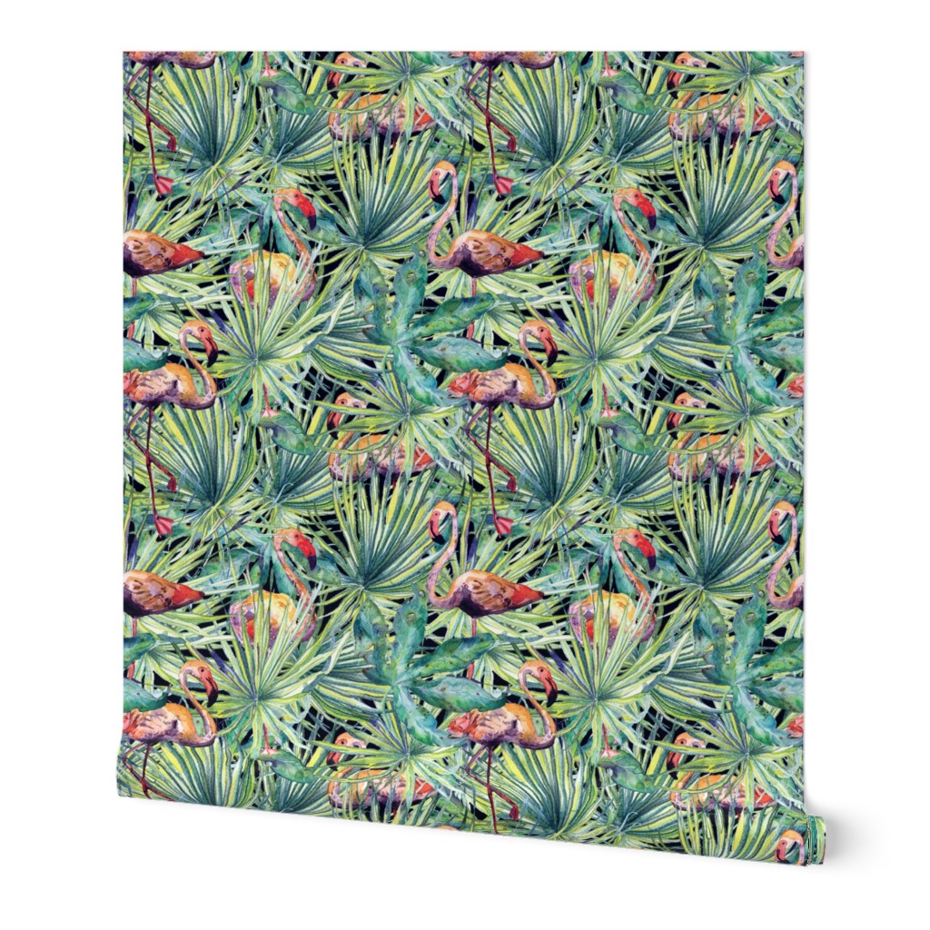 Tropical leaves and flamingos in green