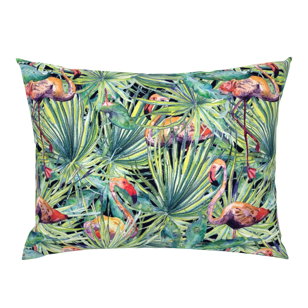 Tropical leaves and flamingos in green