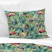 Tropical leaves and flamingos in green