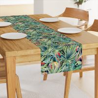 Tropical leaves and flamingos in green