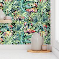 Tropical leaves and flamingos in green