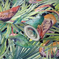 Tropical leaves and flamingos in green