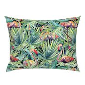 Tropical leaves and flamingos in green