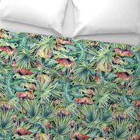 Tropical leaves and flamingos in green