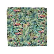 Tropical leaves and flamingos in green