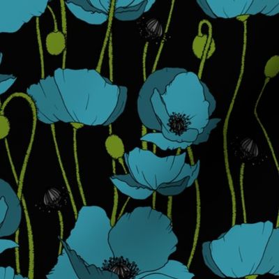 Teal poppy repeat black - medium