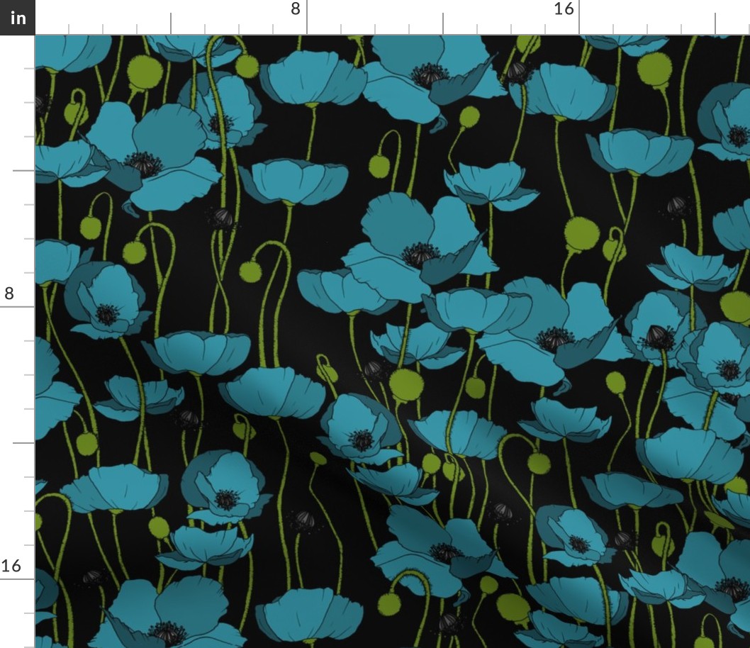 Teal poppy repeat black - medium