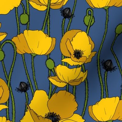 Mustard poppy repeat mid blue - medium