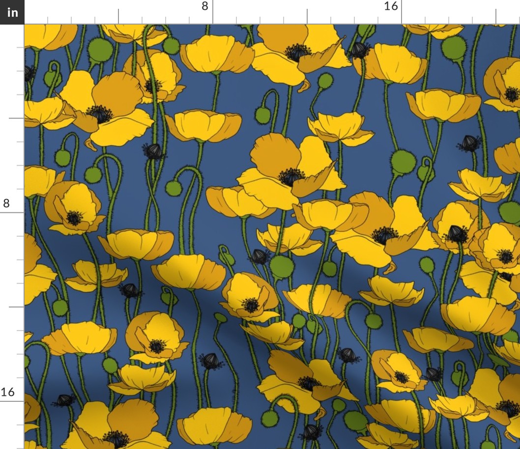 Mustard poppy repeat mid blue - medium