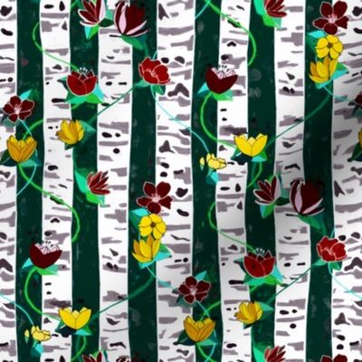 Birch Trees And Floral Vines On Emerald - small