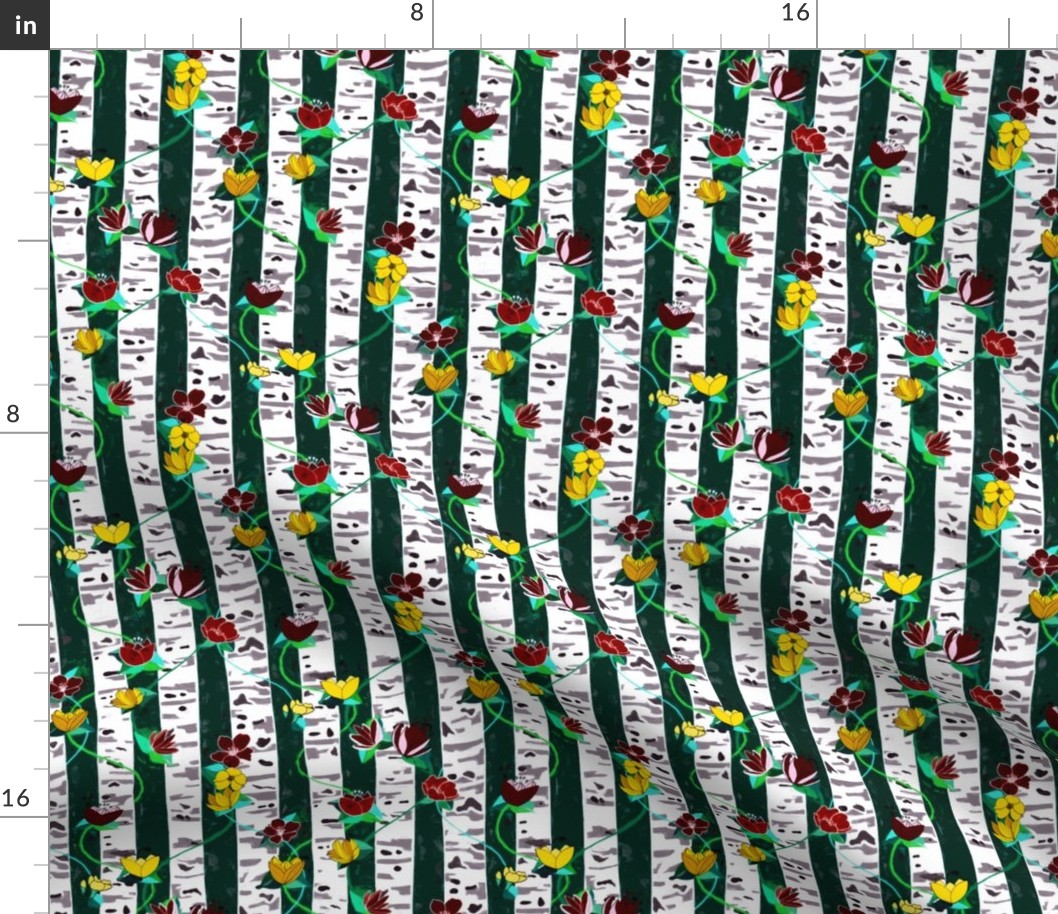 Birch Trees And Floral Vines On Emerald - small