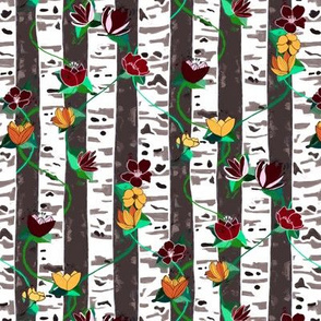 Birch Trees And Floral Vines On Grey - Small