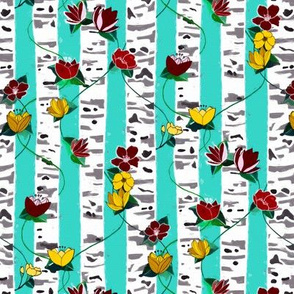 Birch Trees And Floral Vines On Aqua - Small
