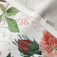 Nostalgic Red Pierre-Joseph Redouté Flowers, Antique Bloom Bouquets, Vintage Home Decor, Bold  English Rose Fabric