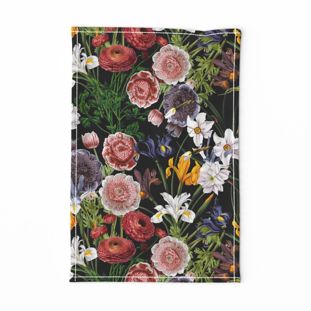 18"  Pierre-Joseph Redouté Moody Florals Iris and Anemone- Mystic Night dark moody floral 31 nostalgic dramatic home decor, antique wallpaper,