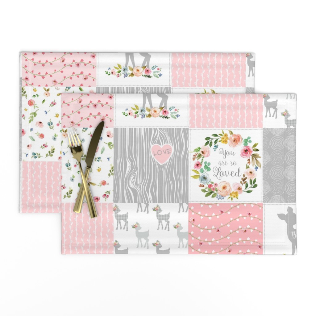 Deer Cheater Quilt Wholecloth – You Are So Loved – Gray Blush Peach Fawn Baby Girl Patchwork 1A 