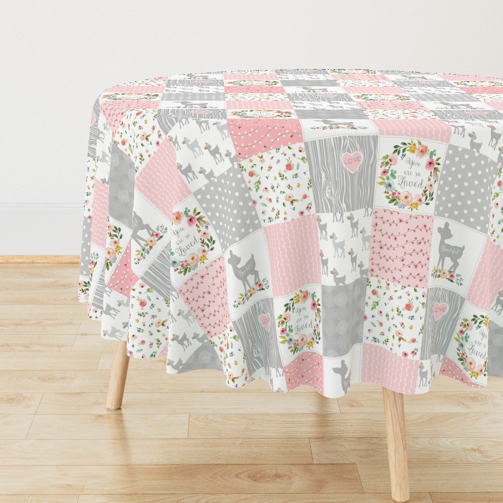 Deer Cheater Quilt Wholecloth – You Are So Loved – Gray Blush Peach Fawn Baby Girl Patchwork 1A 