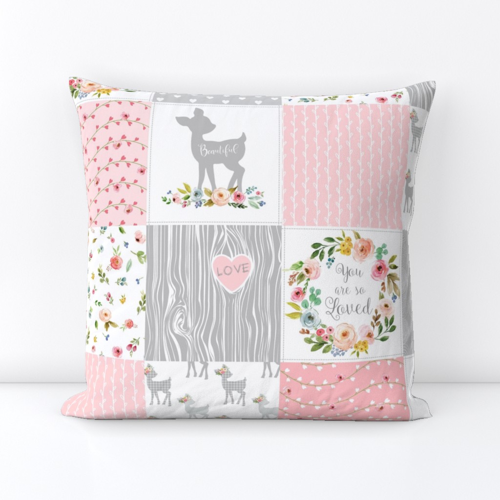 Deer Cheater Quilt Wholecloth – You Are So Loved – Gray Blush Peach Fawn Baby Girl Patchwork 1A 