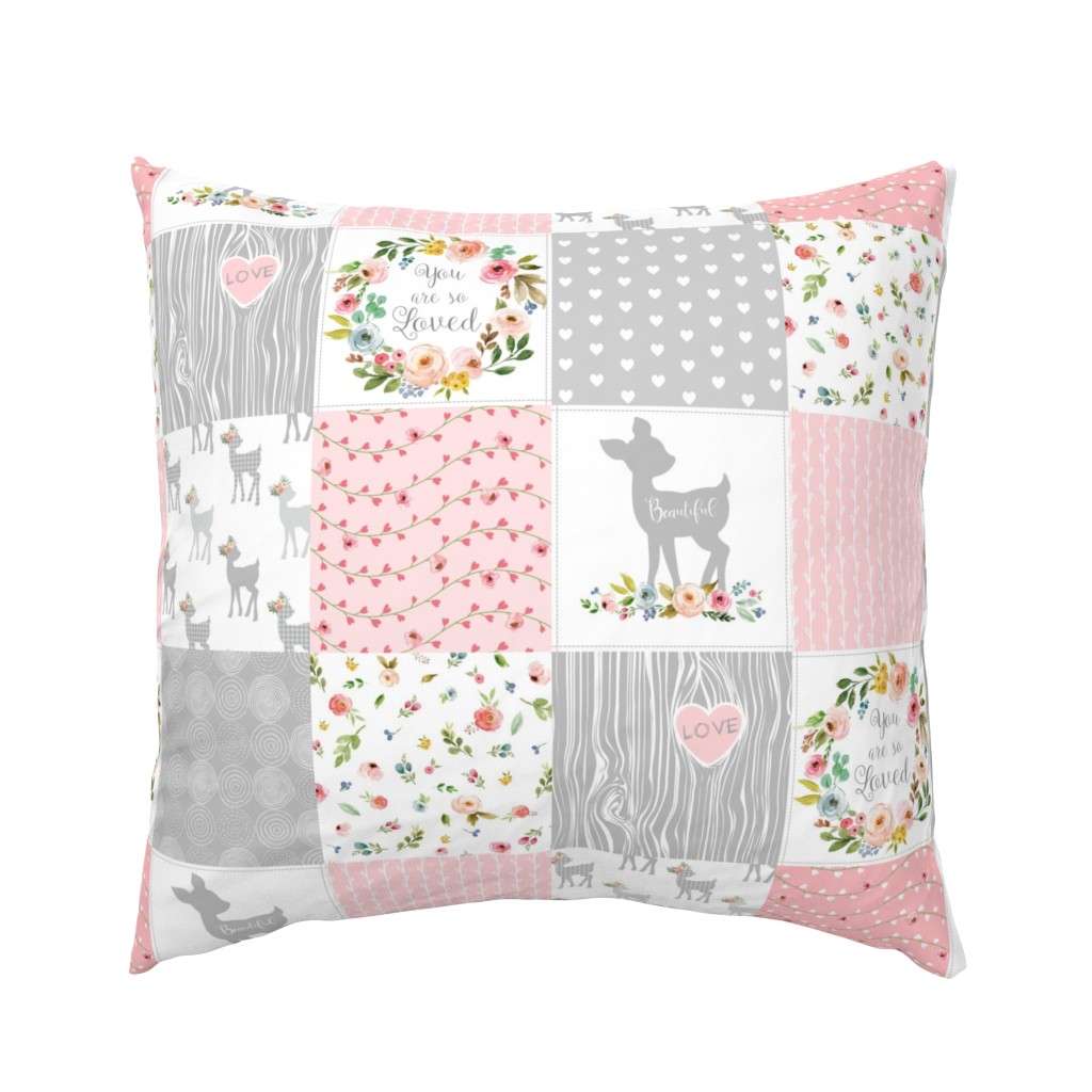 Deer Cheater Quilt Wholecloth – You Are So Loved – Gray Blush Peach Fawn Baby Girl Patchwork 1A 