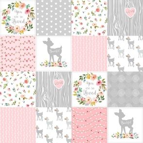 Deer Cheater Quilt Wholecloth – You Are So Loved – Gray Blush Peach Fawn Baby Girl Patchwork 1A 