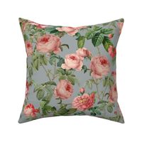 Nostalgic Coral Pierre-Joseph Redouté Flowers, Antique Bloom Bouquets, Vintage Home Decor,   English Rose Fabric - grey 