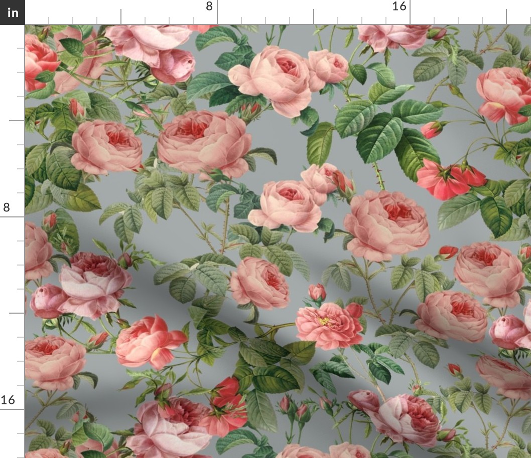 Nostalgic Coral Pierre-Joseph Redouté Flowers, Antique Bloom Bouquets, Vintage Home Decor,   English Rose Fabric - grey 