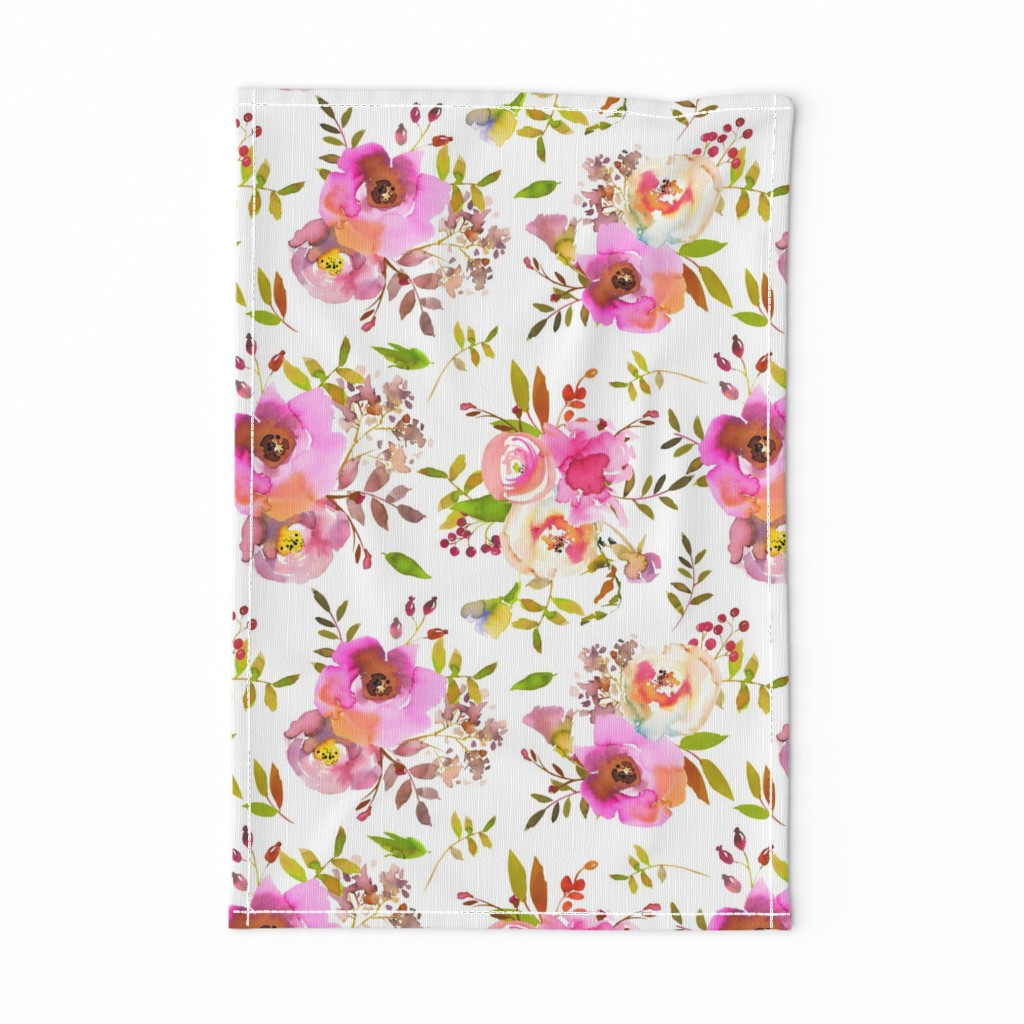 14" Spring Colors Hand drawn roses and flowers little bouquets Pattern of tender pink lush flowers on white 