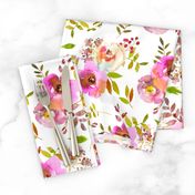 14" Spring Colors Hand drawn roses and flowers little bouquets Pattern of tender pink lush flowers on white 