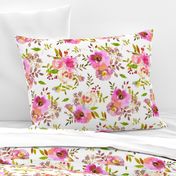 14" Spring Colors Hand drawn roses and flowers little bouquets Pattern of tender pink lush flowers on white 