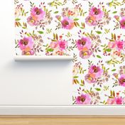 14" Spring Colors Hand drawn roses and flowers little bouquets Pattern of tender pink lush flowers on white 