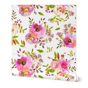 14" Spring Colors Hand drawn roses and flowers little bouquets Pattern of tender pink lush flowers on white 