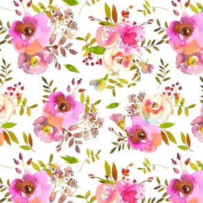 14" Spring Colors Hand drawn roses and flowers little bouquets Pattern of tender pink lush flowers on white 